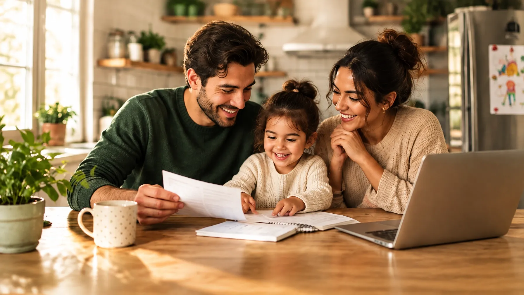A family reviewing household bills together at their kitchen table